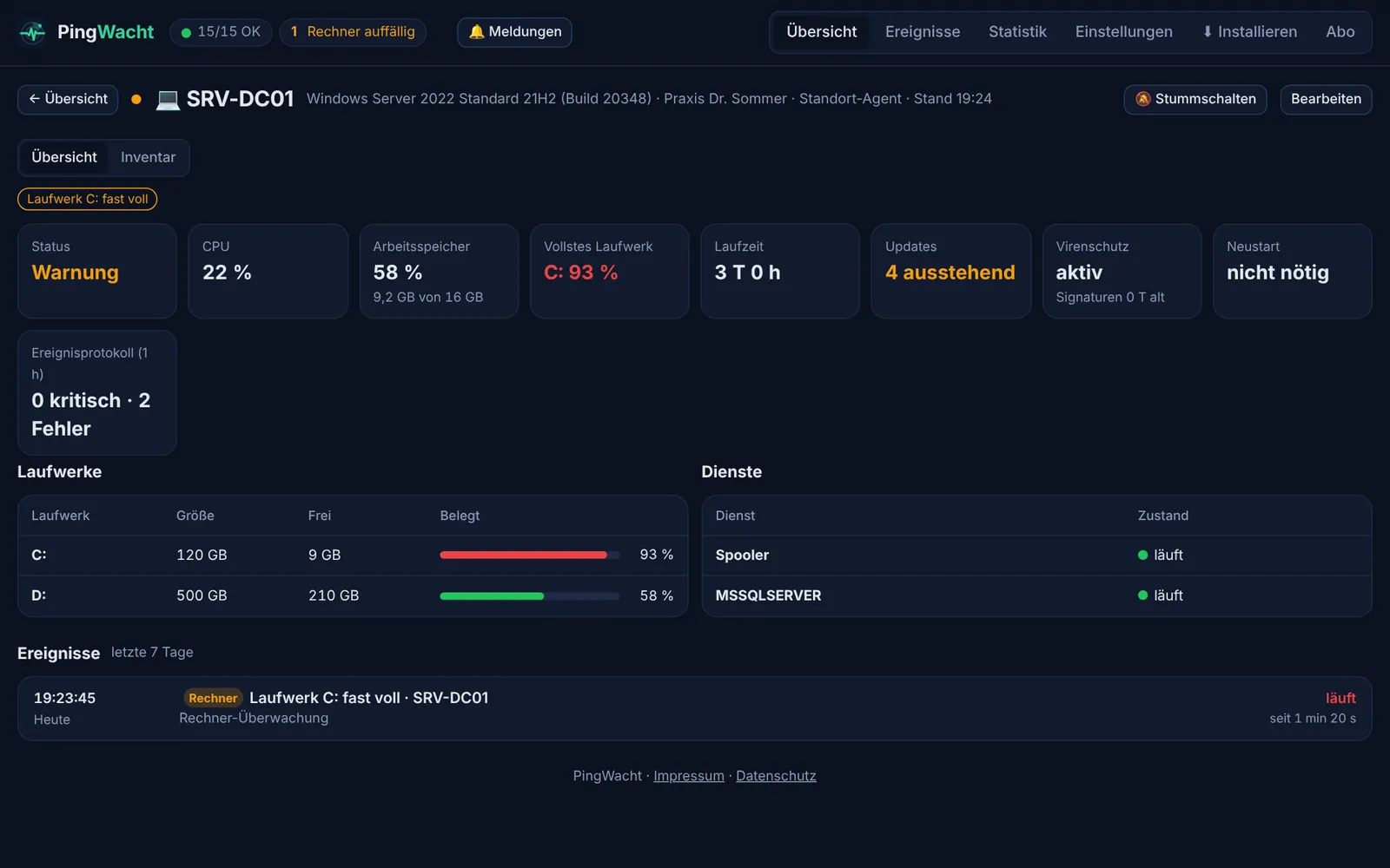 Detailansicht eines überwachten Servers mit Auslastung, Laufwerken und Diensten